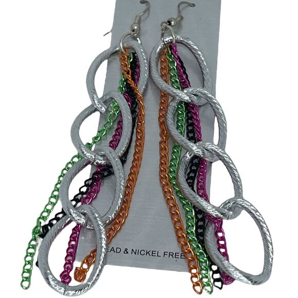 Silver Tone Earrings Chain Drop Style Fashion Trendy Stunning Statement Chic - Picture 2 of 8